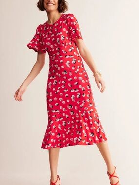 Boden Red Floral Midi Dress with Flutter Sleeves